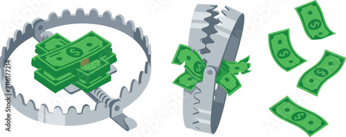 Canvas Print Money Trap Vector Set Featuring Bear Traps with Cash Bait and Flying Banknotes R