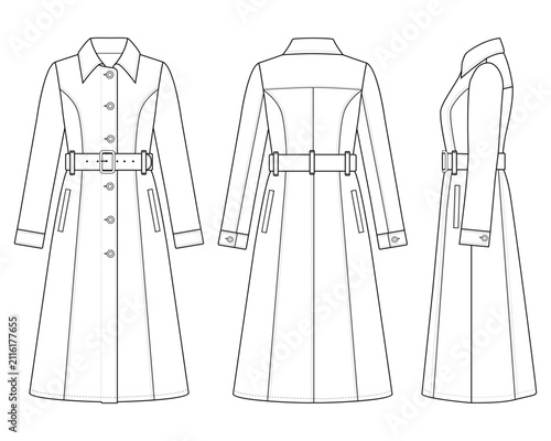 Women’s Long Denim Trench Coat Technical Fashion Flat – Front, Back and Side Views