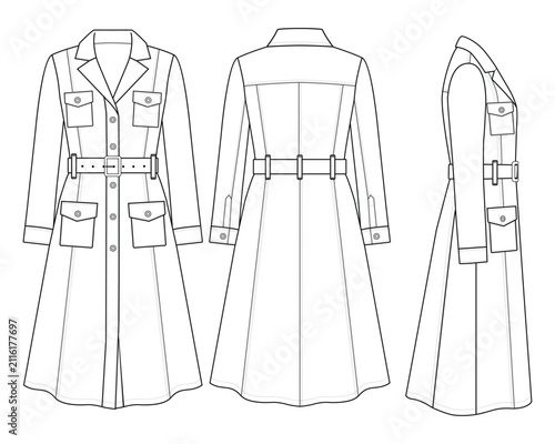 Women’s Long Denim Trench Coat Technical Fashion Flat – Front, Back and Side Views