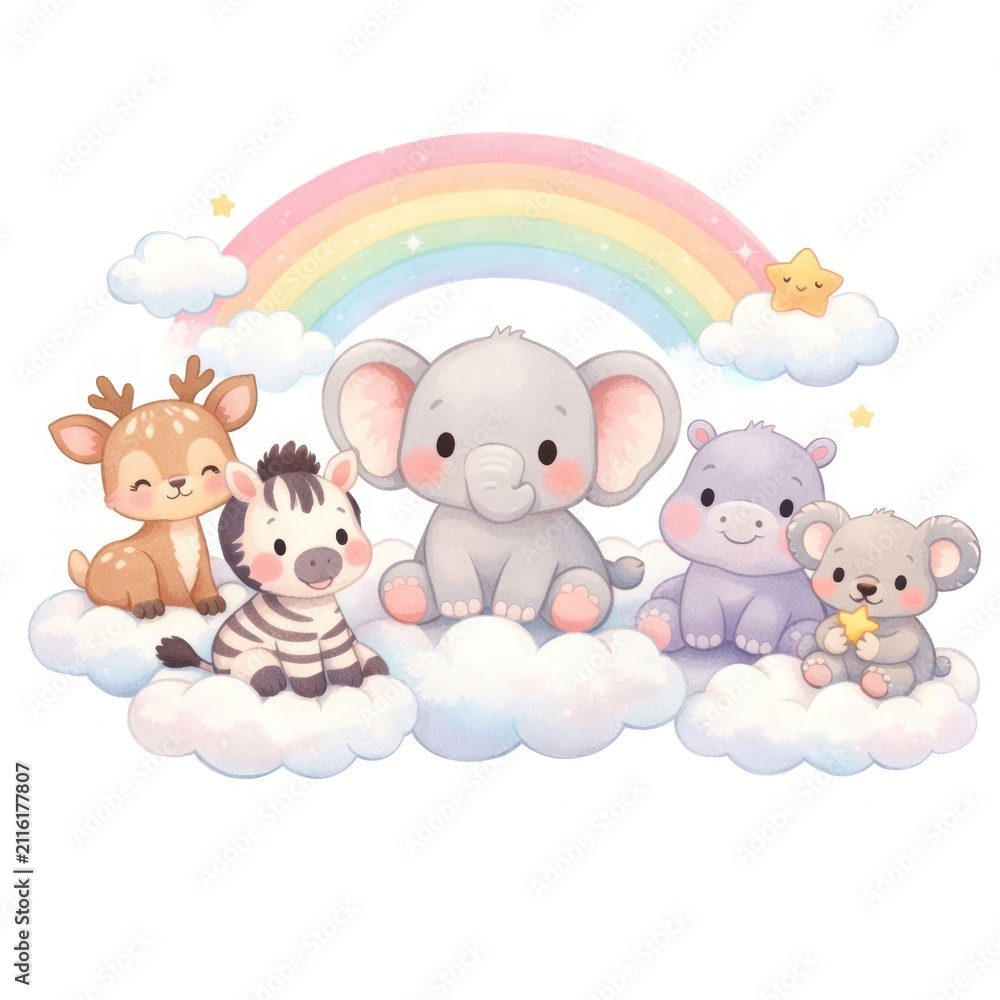 Obraz premium Cute baby animals on clouds with rainbow pastel nursery illustration
