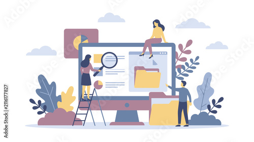 Digital Data Management Team organizing files and analyzing charts on a large computer screen ideal for business presentations and tech blog headers.