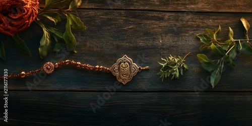 Raksha bandhan themed elegant rakhi bracelet with golden centerpiece on dark rustic wooden background raksha bandhan, raksha bandhan image