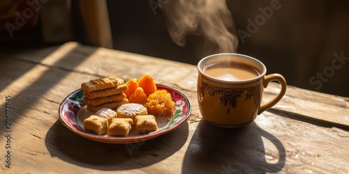 Raksha bandhan themed steaming cup of tea and a plate of cookies on a rustic wooden table raksha bandhan, raksha bandhan image