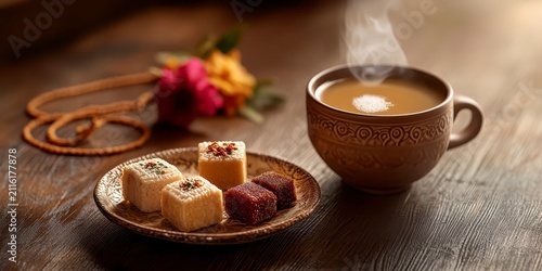 Raksha bandhan themed steaming cup of tea and a plate of cookies on a rustic wooden table raksha bandhan, raksha bandhan image