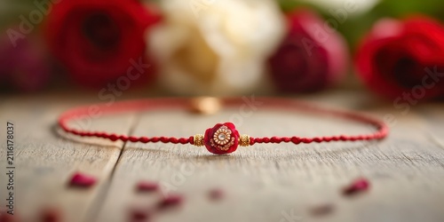 Raksha bandhan themed closeup of a traditional rakhi bracelet with a golden centerpiece raksha bandhan, raksha bandhan image