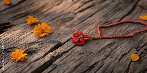 Raksha bandhan themed a traditional rakhi bracelet resting on a rustic wooden surface with flowers raksha bandhan, raksha bandhan image