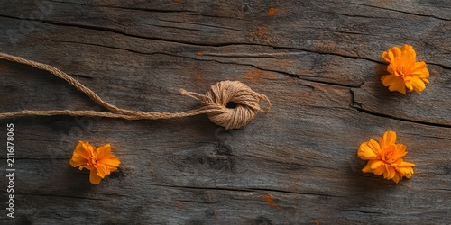 Raksha bandhan themed a traditional rakhi bracelet resting on a rustic wooden surface with flowers raksha bandhan, raksha bandhan image