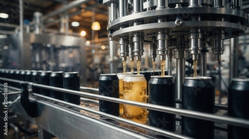 Beverage production process in a factory featuring an automated line filling metal cans with golden fizzy liquid.
