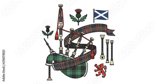 Scottish Bagpipes, Thistle, and Flag Illustration