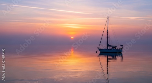 Serene Sailboat at Sunrise Over Calm Water Reflection.