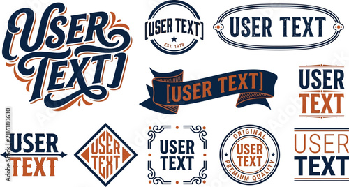 Vintage typography design elements with customizable user text in blue and orange