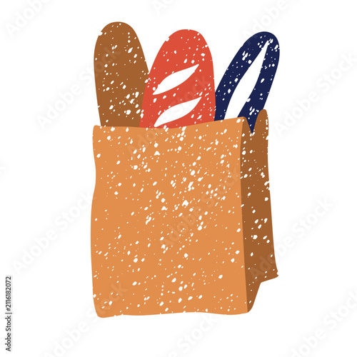 bread, single fresh baguette or bun isolated on white background. Stylized hand-drawn bakery illustration, cutout food icon, and design element for cafe menu, market, and recipes