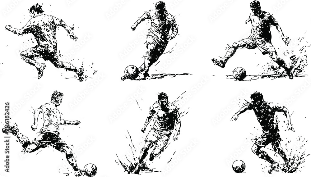Obraz premium soccer players kicking and running dynamic black ink splatter silhouettes set