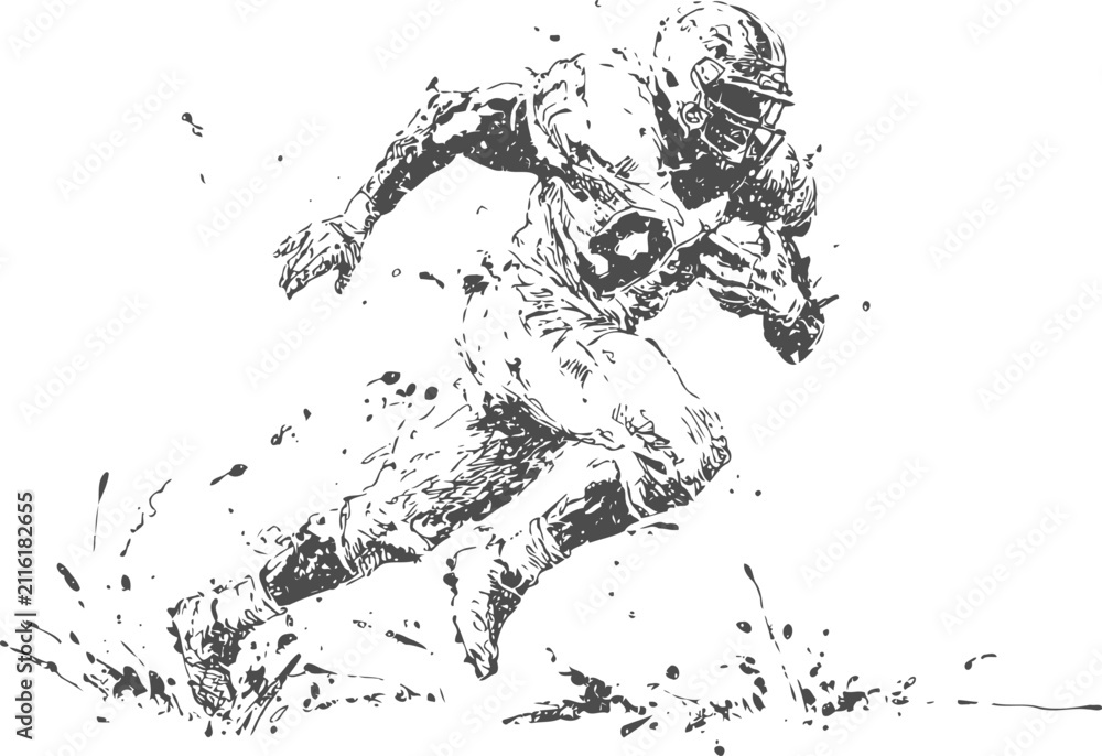 Obraz premium American football player running aggressively with ball, dynamic sports action sketch