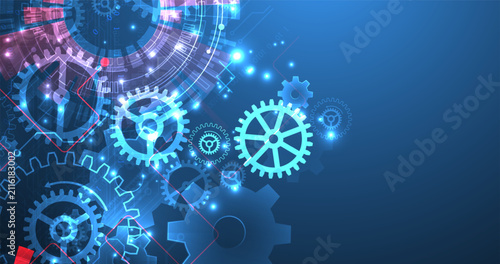 Abstract scientific background with mechanical gears cogs and glowing geometric circles