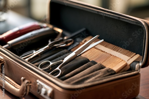 Open briefcase reveals professional grooming tools