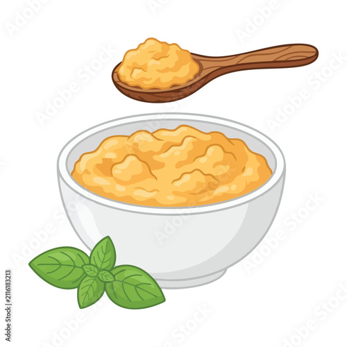 Bowl of Mashed Potatoes with Wooden Spoon and Basil Leaf Illustration