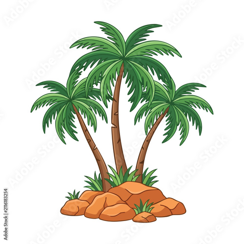 Three Palm Trees on Rocky Island Cartoon Illustration