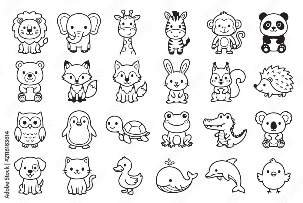 Obraz premium Collection of hand drawn cute cartoon baby animals and creatures with creature, illustration