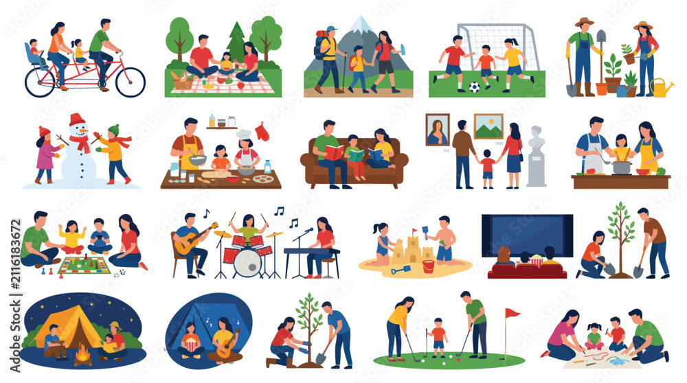 Naklejka premium Flat Design Family Activities Vector Illustration