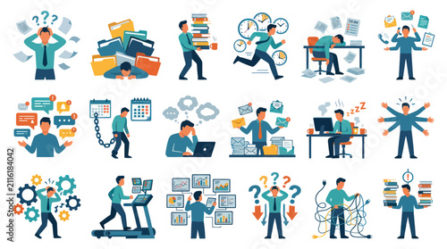 Business Workplace Stress, Multitasking, Productivity, and Time Management Flat Illustration Concepts