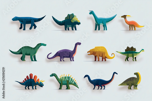 Collection of diverse prehistoric dinosaur species in flat style