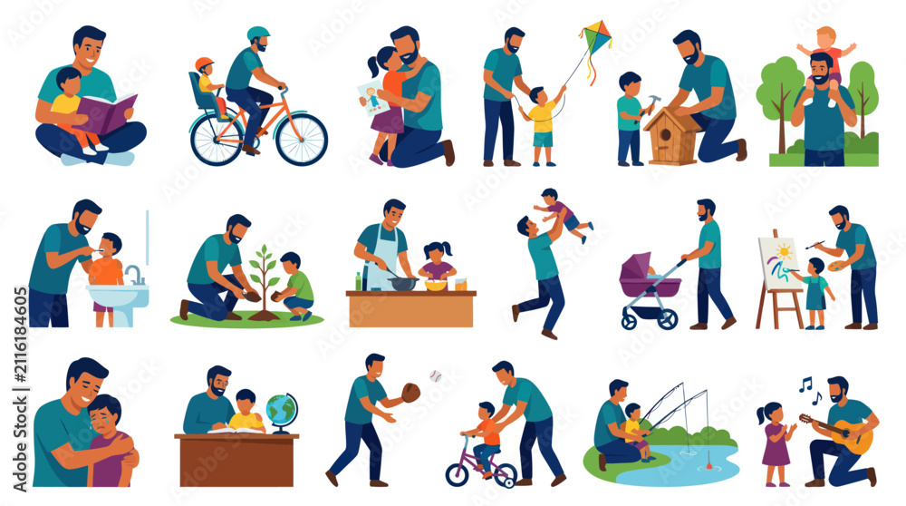 Fototapeta premium Flat Style Vector of Fathers and Children Activities - Family, Parenting, Love