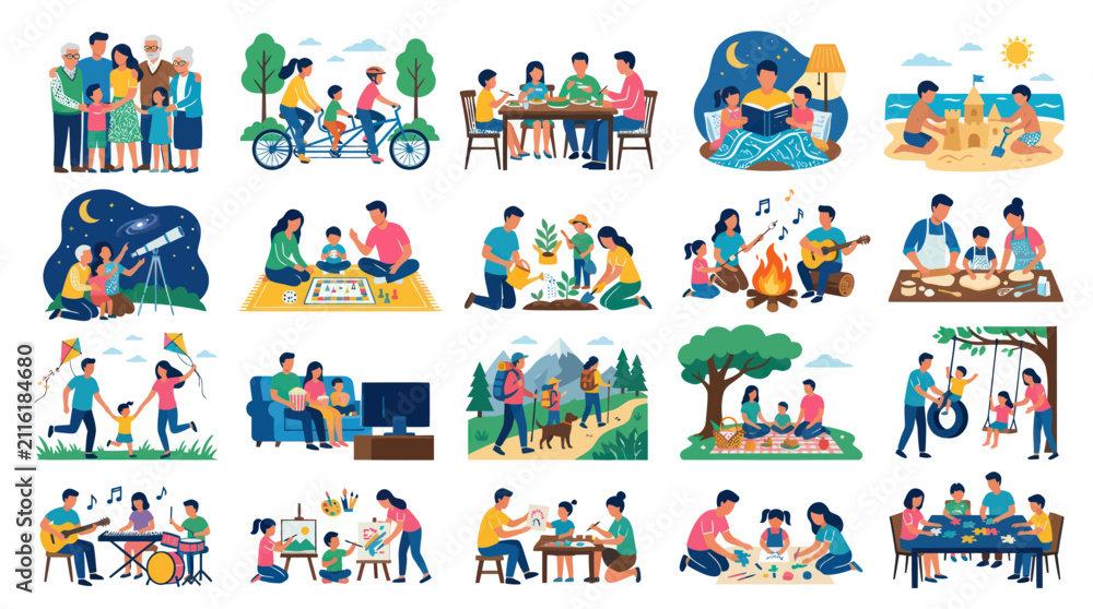 Fototapeta premium Family Activities Vector Icons Set: Diverse People Enjoying Togetherness Flat Style