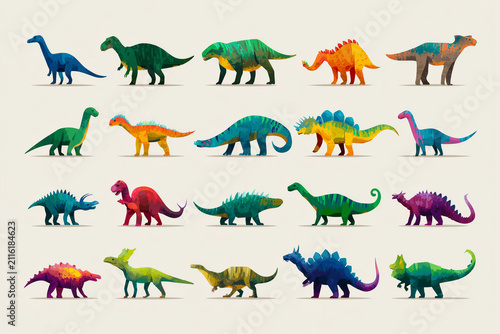 Collection of colorful stylized dinosaurs in rows