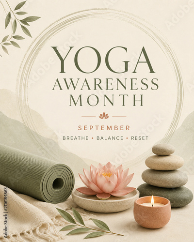 Yoga Awareness Month Graphic With Mat, Lotus, And Stones