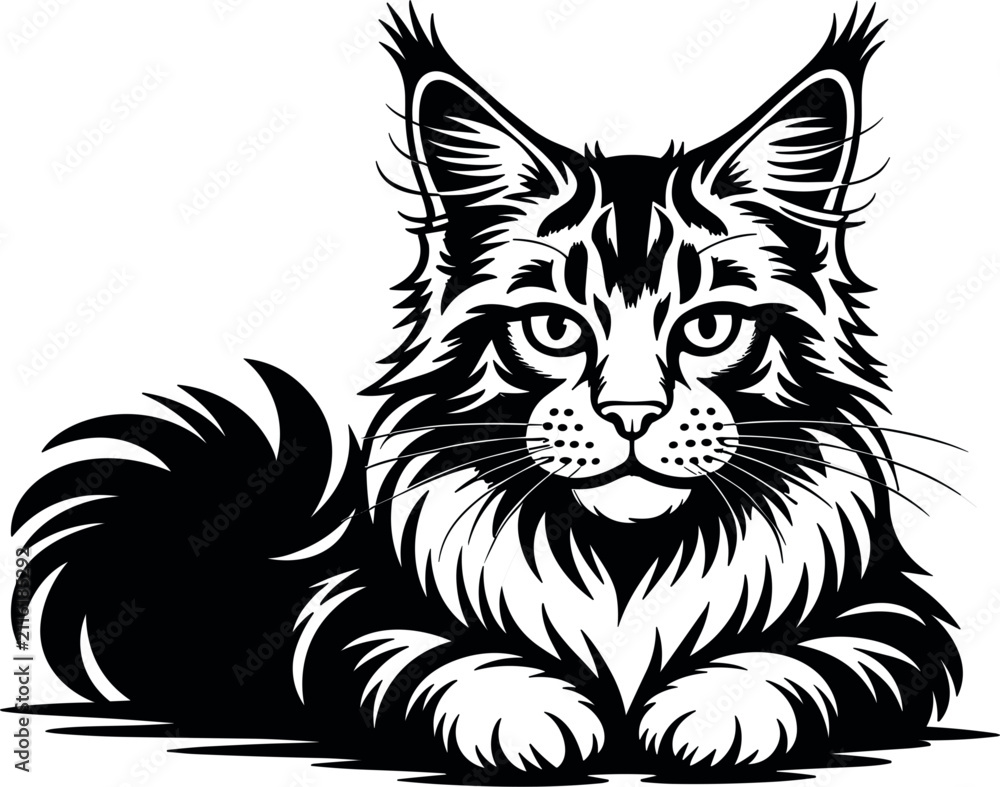 Fototapeta premium Maine coon cat black silhouette vector icon, lying fluffy kitten portrait, line art domestic pet illustration