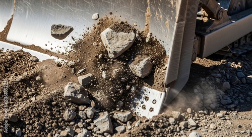 Heavy Machinery Crushing Rocks and Debris at Construction Site.