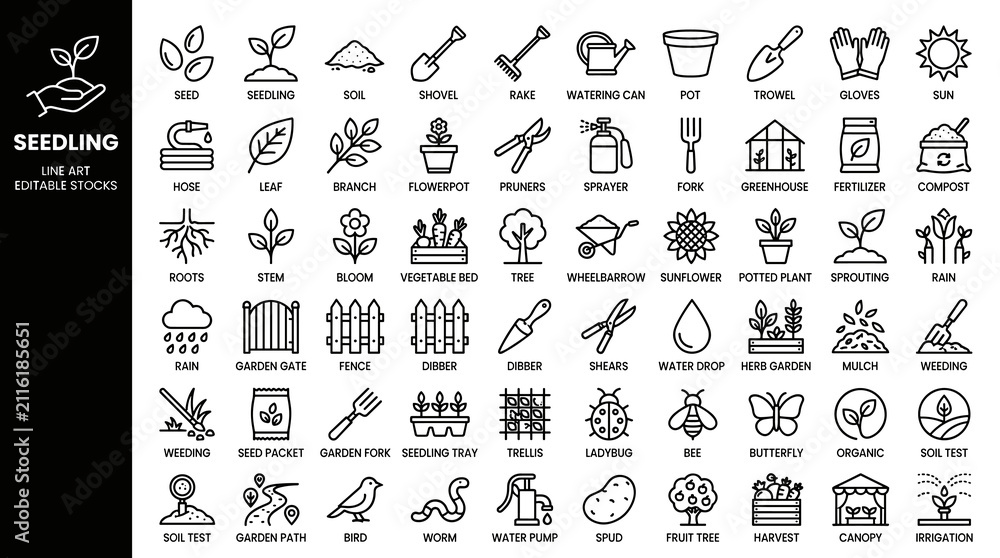 Fototapeta premium Large Set of Gardening Line Art Icons with Plants Garden Tools Nature and Agriculture Symbols Vector Illustration