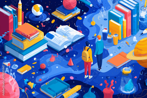 Students standing in a surreal cosmic library of floating books