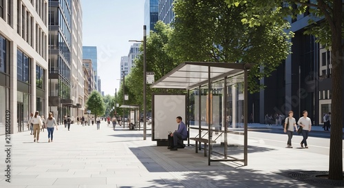 Modern Bus Stop Shelter on a Sunny City Street Lined with Trees and Buildings.