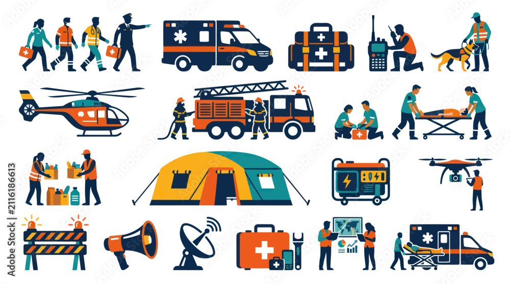 Naklejka premium Flat Vector Emergency Services Icons Set: Disaster Relief, First Responders, Medical Aid, and Humanitarian Tools