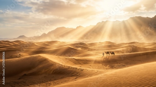 Golden Dunes Serenity: Two figures on camels traverse a vast desert landscape under a dramatic sky, with sunbeams piercing through the clouds, illuminating the undulating sand dunes.