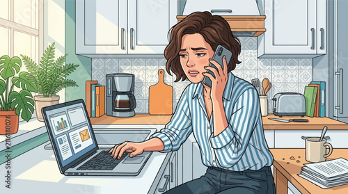 Vector illustration of a stressed young woman multitasking in a modern kitchen, talking on a smartphone while using a laptop with data charts, looking frustrated and overwhelmed.