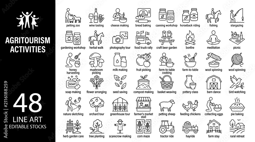 Obraz premium Agritourism Experience and Sustainable Farm Life Icon Collection in Minimal Outline Vector Illustration Style