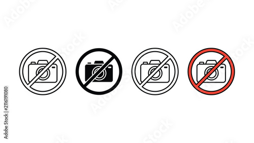 Four no photography signs with cameras and prohibition symbols on white background
