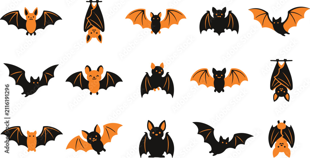 Obraz premium Set of cute cartoon bats for halloween decoration featuring various flying and hanging poses on a white background