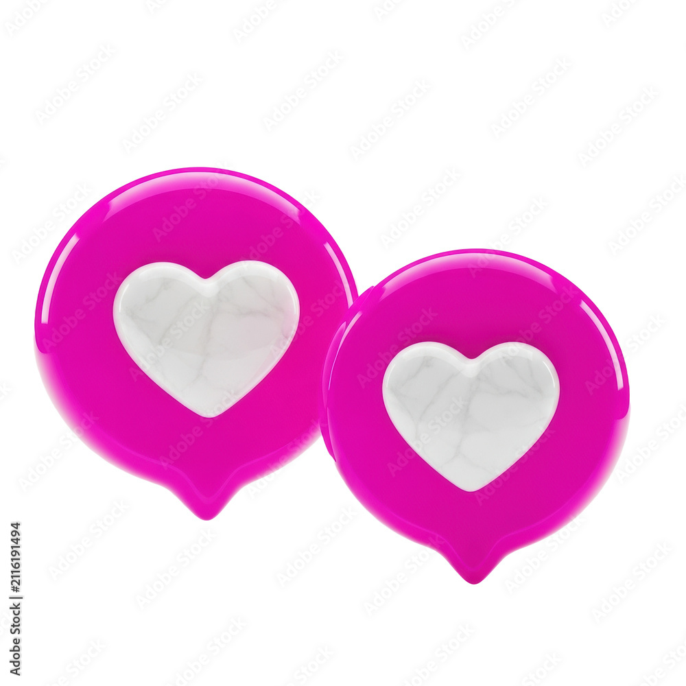 Fototapeta premium Two hyper-glossy, volumetric magenta social media notification bubbles with volumetric white heart icons against a sterile, shadowless white background, macro product photography, concept of digital