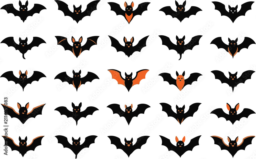 Fototapeta premium Collection of various black and orange bat silhouettes isolated on white background for halloween party decoration design elements
