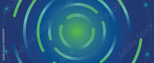 Obraz na plátne Abstract blue and green digital technology background featuring luminous concentric circular lines, glowing particle dots, and futuristic modern design