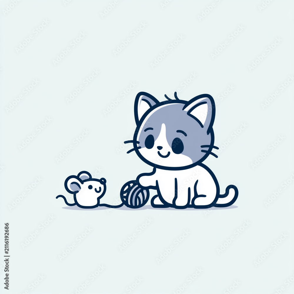 Fototapeta premium Cute cat and mouse cartoon mascot vector illustration with bold outlines playing together on light background