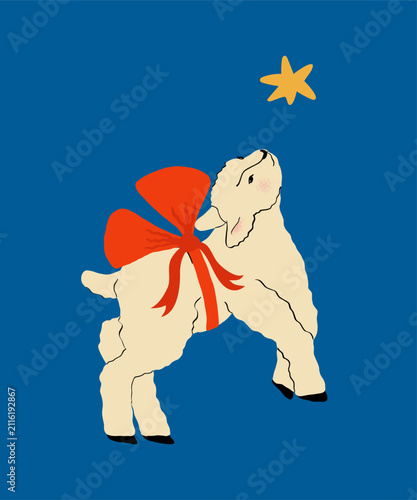 Cute Kawaii White Sheep Jumping with Oversized Pink Bow Vector Illustration