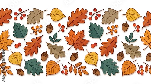 Colorful Autumn Leaves And Acorns With Berries Flat Lay Illustration For Seasonal Designs