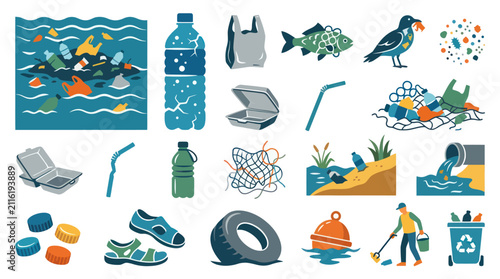 Plastic Pollution Ecology and Environmental Protection Flat Vector Icon Set Illustrating Waste Management