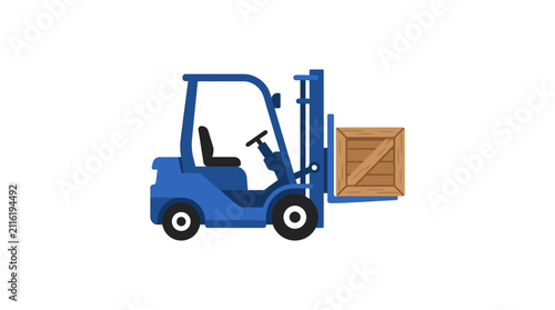 Blue forklift truck carrying a wooden crate vector illustration.