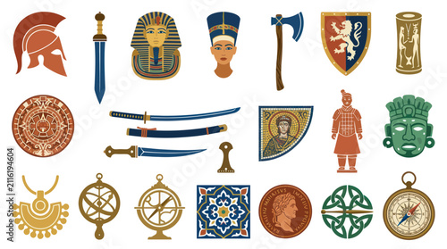 History and Ancient Civilizations Flat Vector Icons Collection with Historical Artifacts and Cultural Symbols